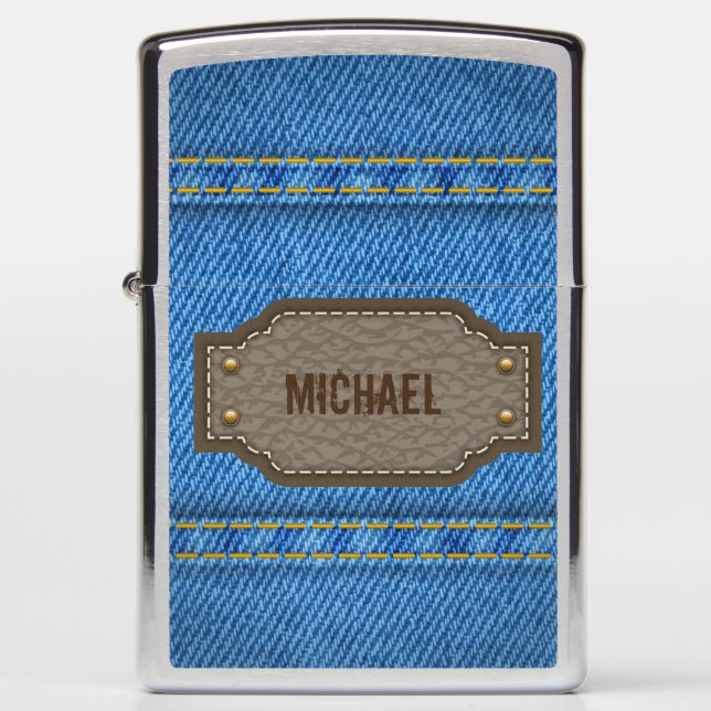 Blue denim jeans with leather name label zippo lighter (Front)