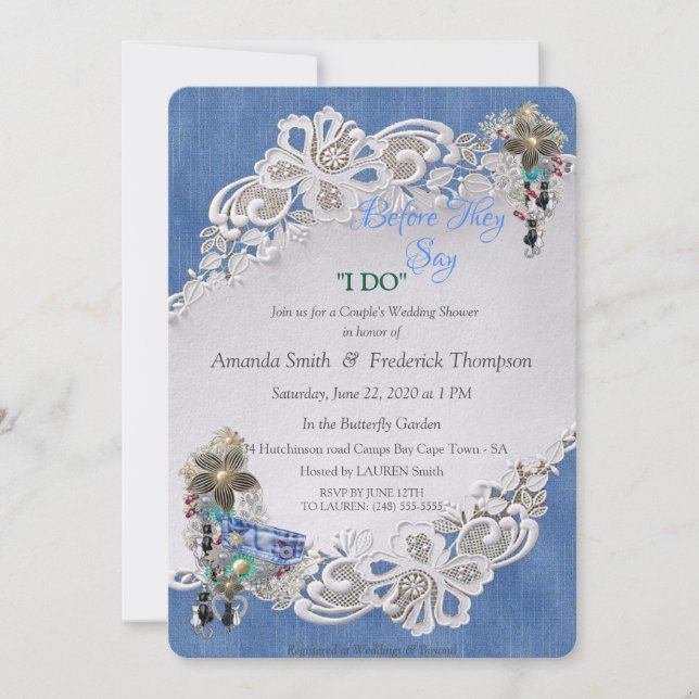 Blue Denim, lace and Costume Jewelry Invitation (Front)