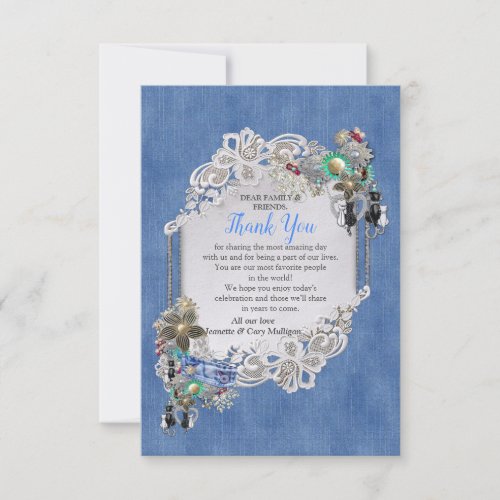 Blue Denim lace and Costume Jewelry Thank You RSVP Card