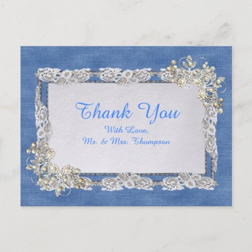 Blue Denim lace and Ivory Pearls Announcement Postcard