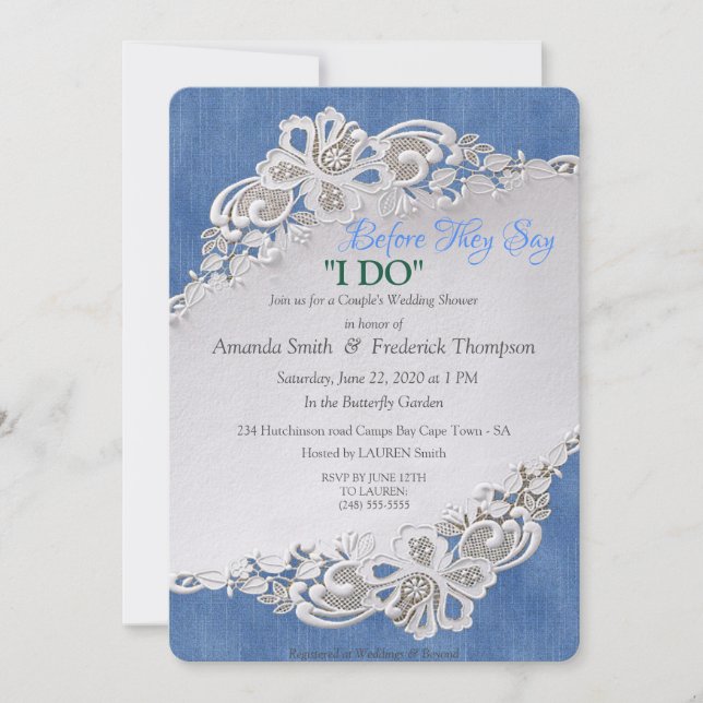 Blue Denim, lace and Ivory Pearls Invitation (Front)