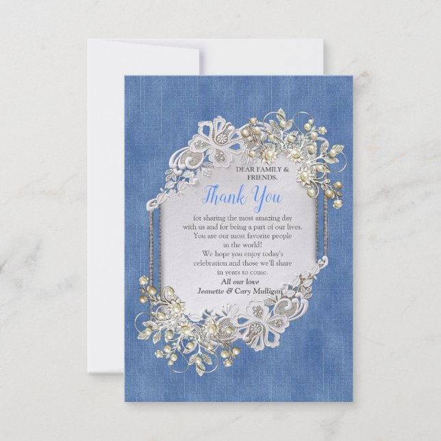 Blue Denim, lace and Ivory Pearls RSVP Card (Front)