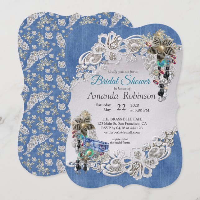 Blue Denim, lace - Costume Jewelry Invitation (Front/Back)