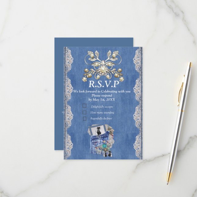 Blue Denim, lace, Costume Jewelry & Kittens RSVP Card (Front/Back In Situ)