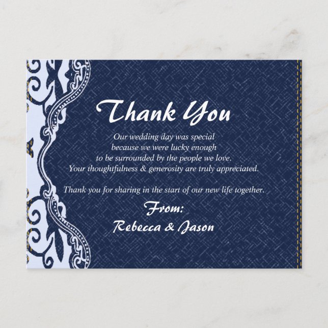 blue denim lace country wedding thank you postcard (Front)