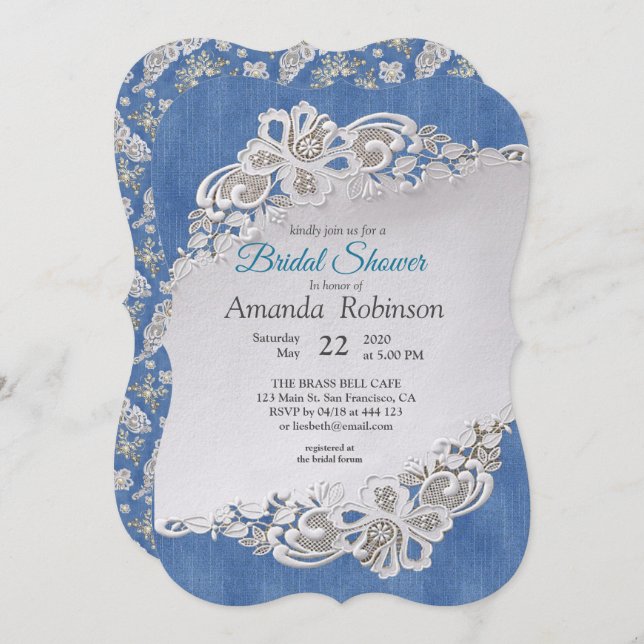 Blue Denim, lace - Ivory Pearls Invitation (Front/Back)