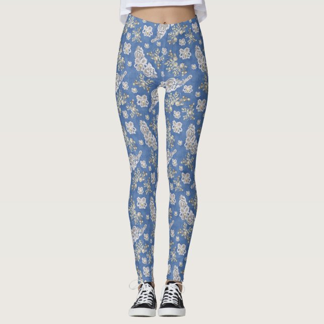 Blue Denim, lace - Ivory Pearls Leggings (Front)