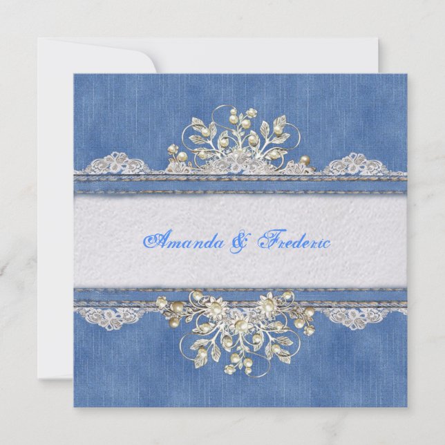 Blue Denim, lace - Ivory Pearls Note Card (Front)