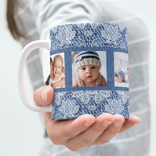 Blue denim lace photo collage family coffee mug