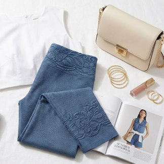 Blue Denim-Look Floral Border Capri Leggings