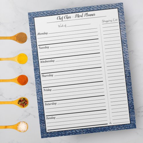 Blue Denim Meal Planner  Trendy Grocery List Notepad