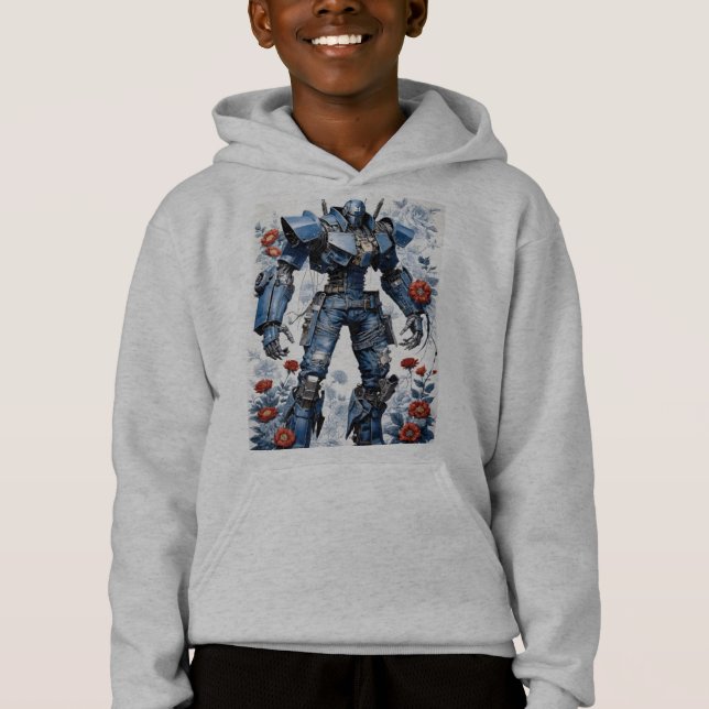 Blue Denim Mech Robot With Red Roses Hoodie (Front)