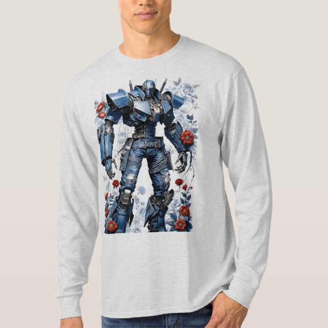 Blue Denim Mech Robot with Red Roses T-Shirt (Front)