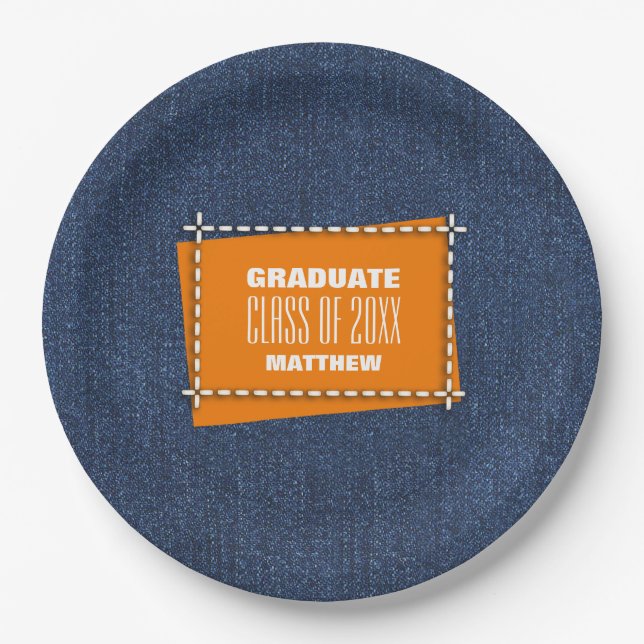 Blue Denim Pattern Graduation Party  Paper Plates (Front)