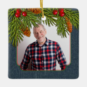 Blue Denim Pine Boughs Memorial Photo Christmas Ceramic Ornament