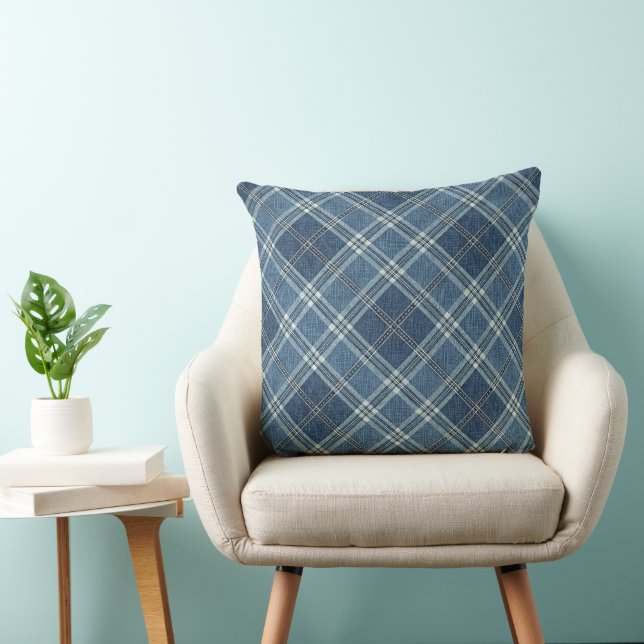 Blue Denim Plaid and Striped Pattern Throw Pillow (Chair)