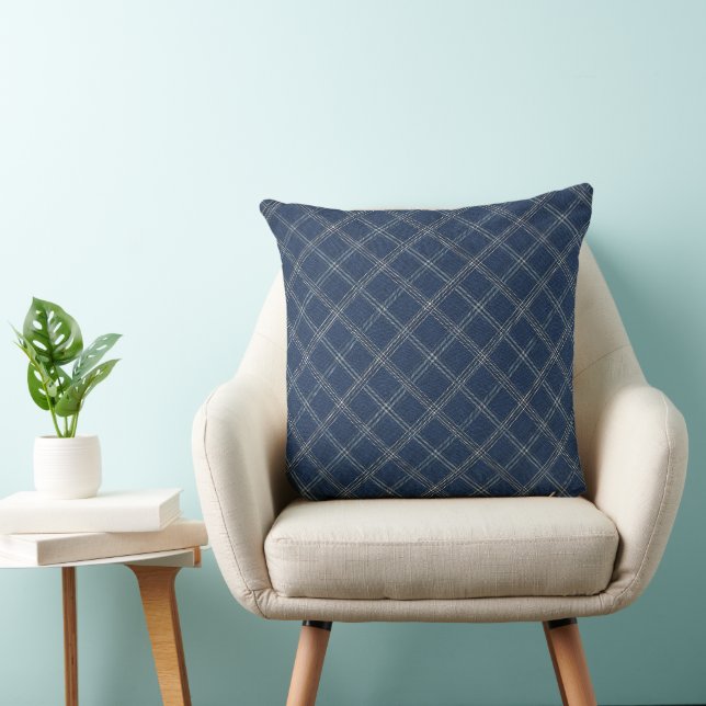 Blue Denim Plaid  Pattern Throw Pillow (Chair)