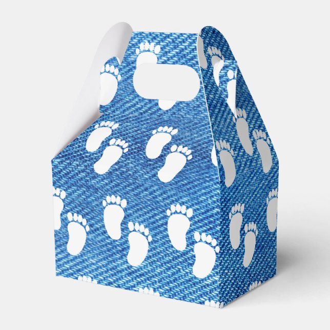 Blue Denim Print Baby Shower Footprint Pattern Favor Boxes (Front Side)