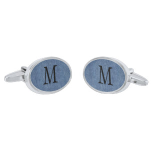 Blue Denim Print, Black Initial Oval Silver-Plated Cufflinks