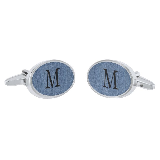 Blue Denim Print, Black Initial Oval Silver-Plated Cufflinks (Angled)
