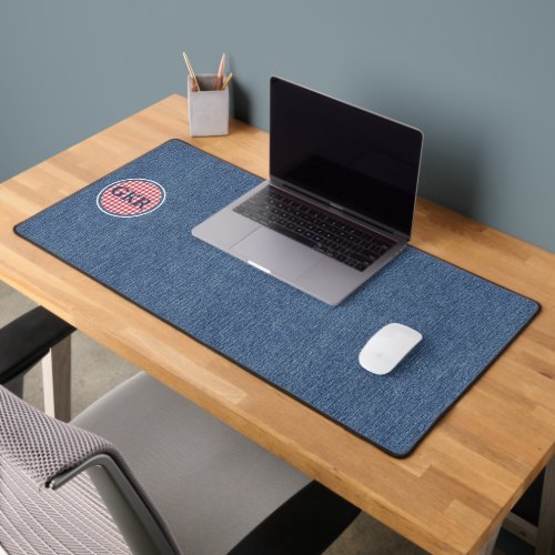 Blue Denim Print Initials Red  White Check Desk Mat