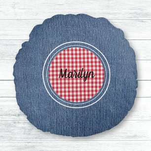 Blue Denim Print, Red & White Plaid Accent Round Pillow