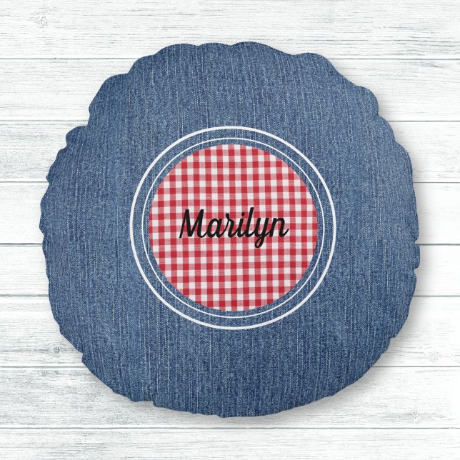 Blue Denim Print, Red & White Plaid Accent Round Pillow (Creator Uploaded)