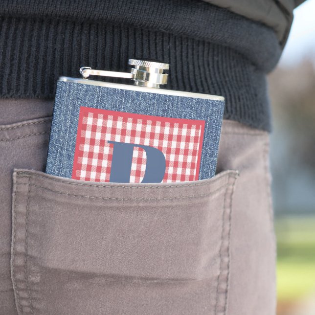 Blue Denim, Red & White Check, Large Initial 6oz Flask (In Situ)