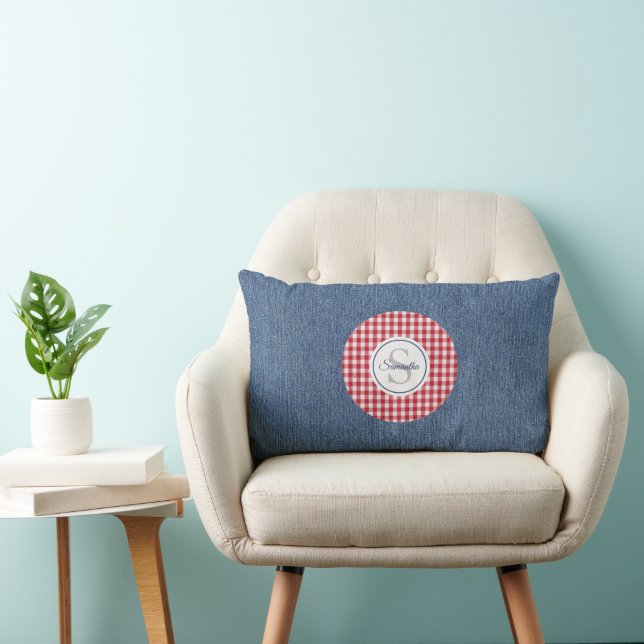 Blue Denim, Red & White Plaid Accent Lumbar Pillow (Chair)