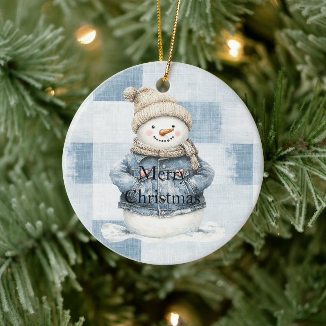 Blue Denim Snowman Christmas Ceramic Ornament (Tree)