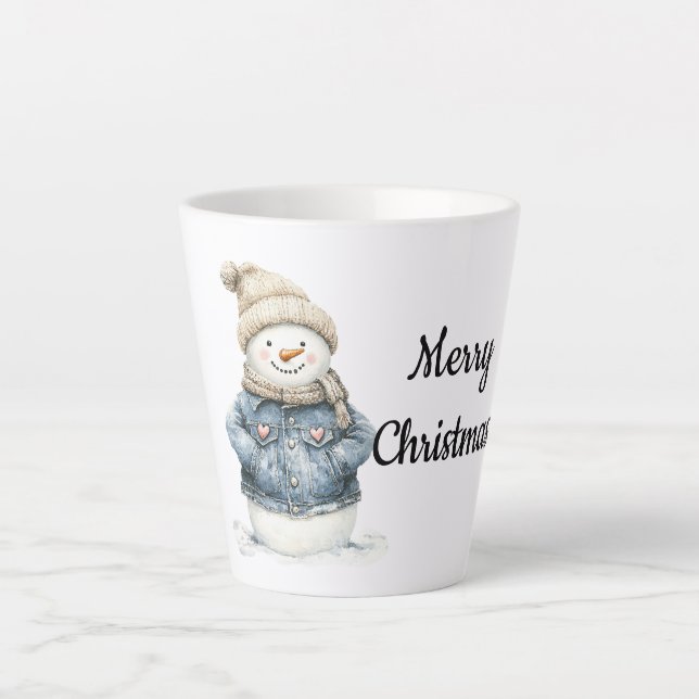 Blue Denim Snowman Christmas Latte Mug (Front)