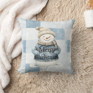 Blue Denim Snowman Christmas Throw Pillow