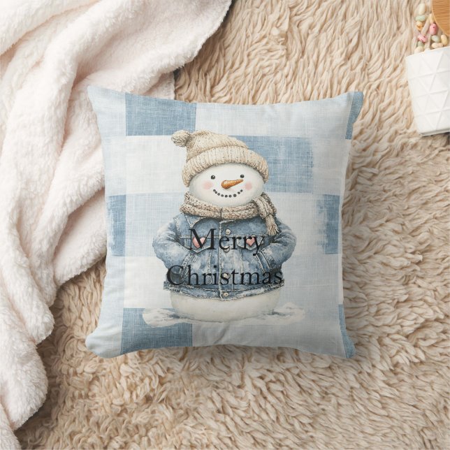 Blue Denim Snowman Christmas Throw Pillow (Blanket)