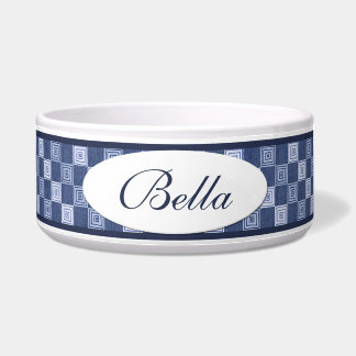 Blue Denim Squares Personalized Ceramic Dog Bowl