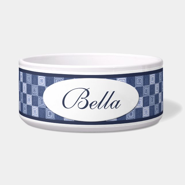 Blue Denim Squares Personalized Ceramic Dog Bowl (Front)