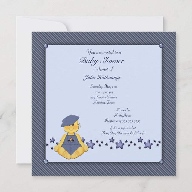 Blue Denim Stars Baby Boy Shower Invitation (Front)