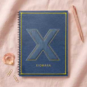 Blue Denim Stitched Patch Monogram Letter X Notebook