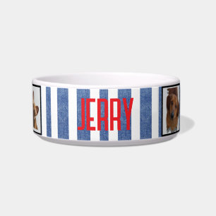 🐾 Blue Denim Stripes on White Pattern Name Photo Bowl