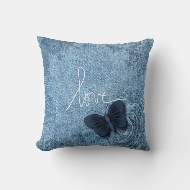 Blue Denim Sweet Butterfly Love Throw Pillow (Front)
