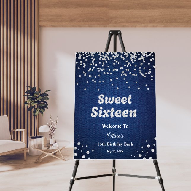 Blue Denim Sweet Sixteen 16th Birthday Welcome  Foam Board (Blue Denim Sweet Sixteen 16th Birthday Welcome Sign )