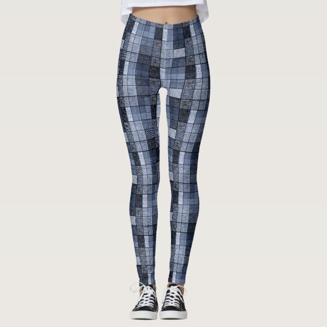 Blue, denim, tartan, plaid . leggings (Front)