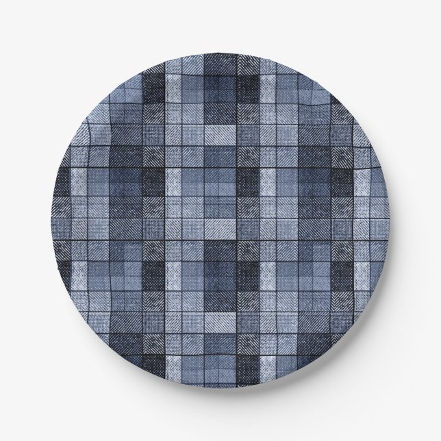 Blue, denim, tartan, plaid . paper plates (Front)