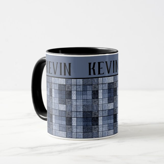 Blue, denim, tartan, plaid . Two-Tone coffee mug (Front Left)