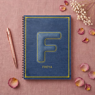 Blue Denim Texture Monogram Initial F Name Notebook