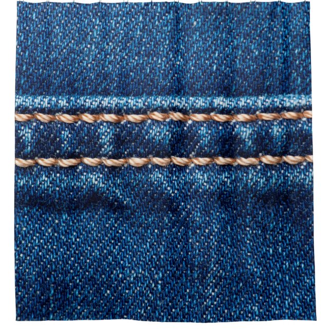 Blue denim texture with stitch line closeup, Jeans Shower Curtain (Front)
