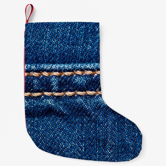 Blue denim texture with stitch line closeup, Jeans Small Christmas Stocking (Front)