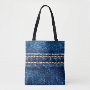 Blue denim texture with stitch line closeup, Jeans Tote Bag