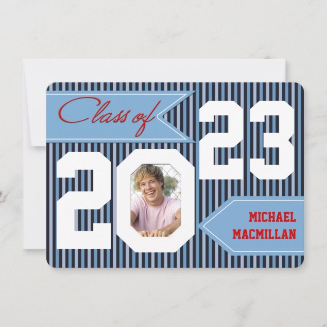 Blue, Denim, White, Red Photo Graduation Invite (Front)