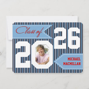 Blue, Denim, White, Red Photo Graduation Invite