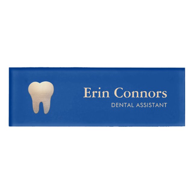 Blue  Dental Assistant Dentist Tooth Logo Name Tag (Front)